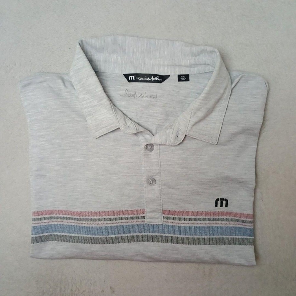 Travis Mathew Polo Shirt Mens 2XL Gray Striped Golf Performance Leave of Absence